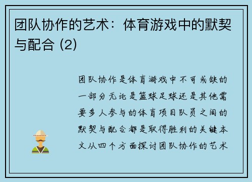 团队协作的艺术：体育游戏中的默契与配合 (2)